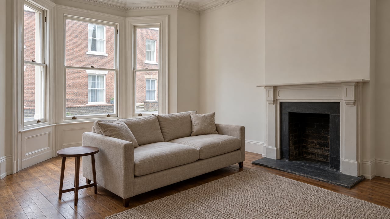 Light-filled period apartment sitting room with tall bay windows, ivory trim, oak floors and a simple slate-hearth fireplace.