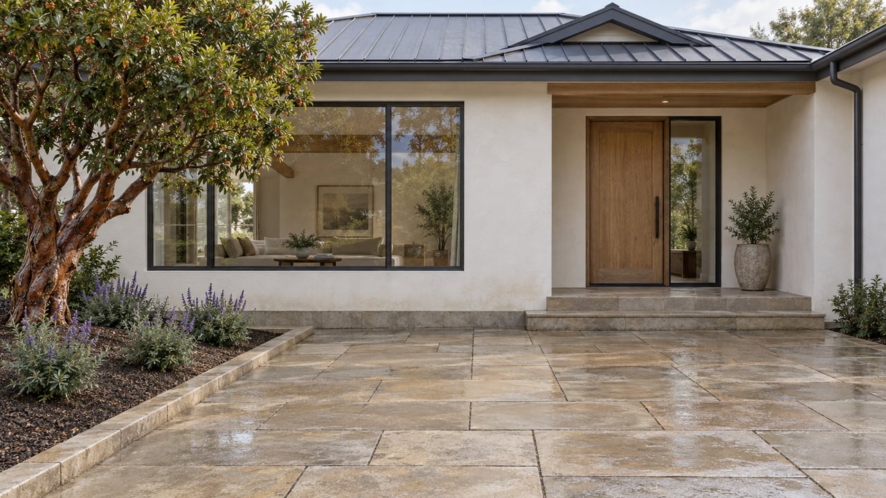 Warm plaster home with an oak entry door, broad dark-framed window, sandstone approach and a sculptural strawberry tree.