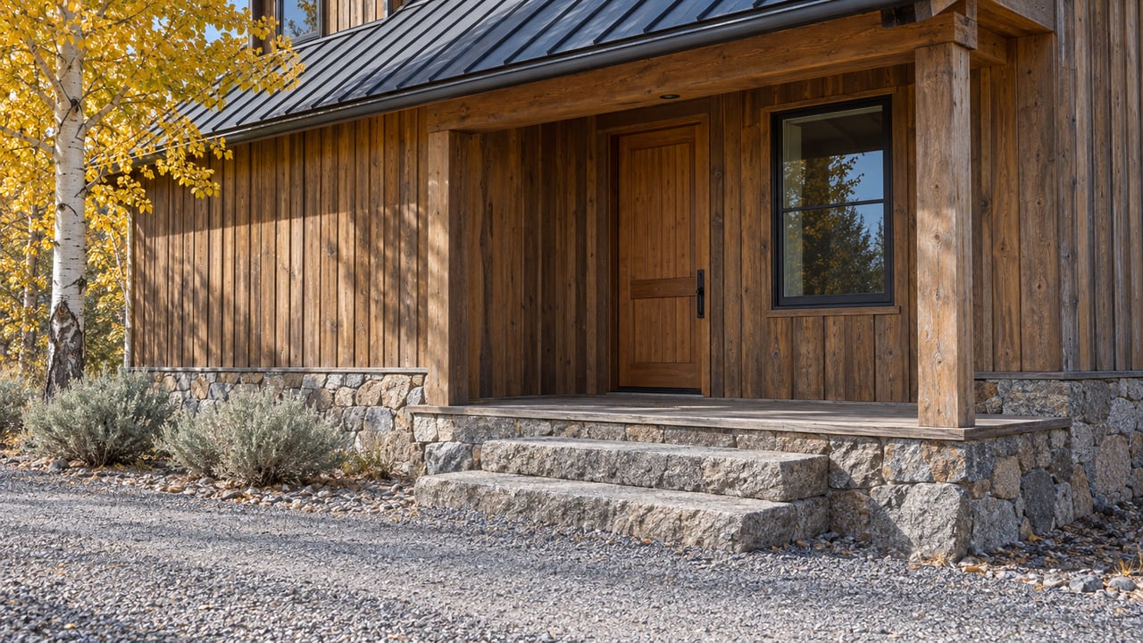 Cabin entry with a recessed timber door, granite steps, weathered larch siding, and gravel drive.