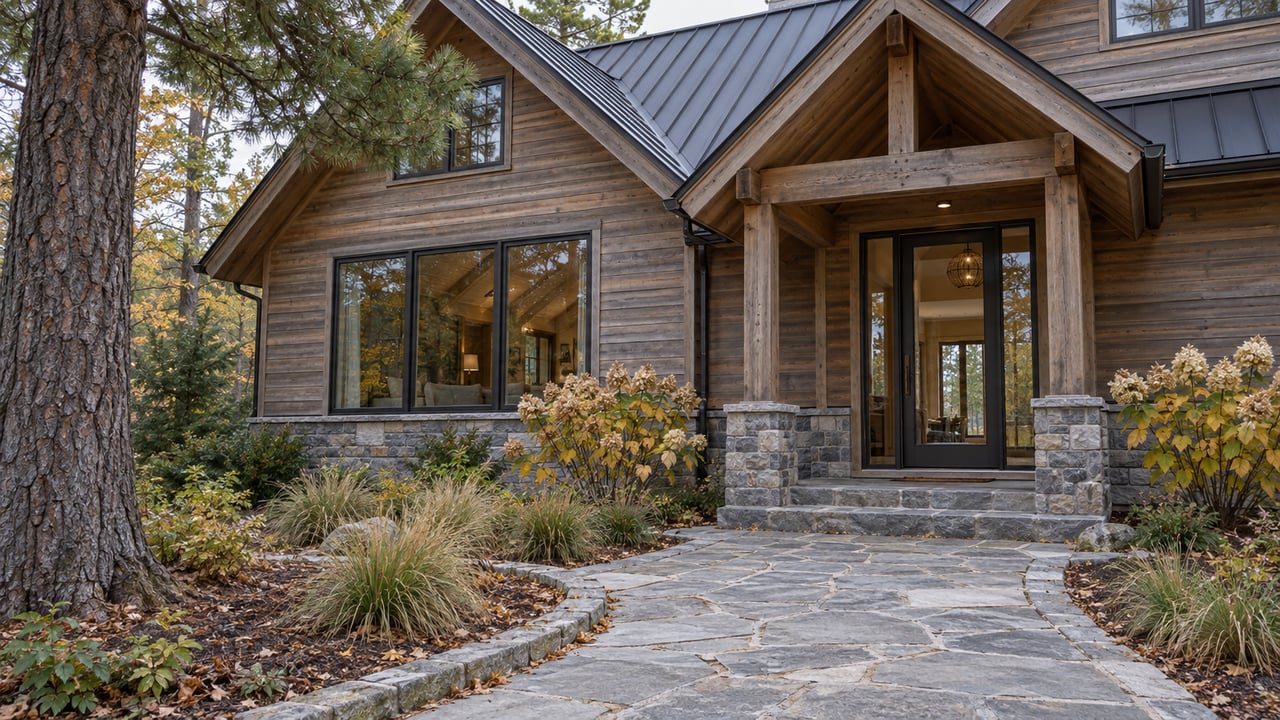 Weathered cedar home with a stone entry path, glazed porch door, mature white pine, and late-autumn planting.