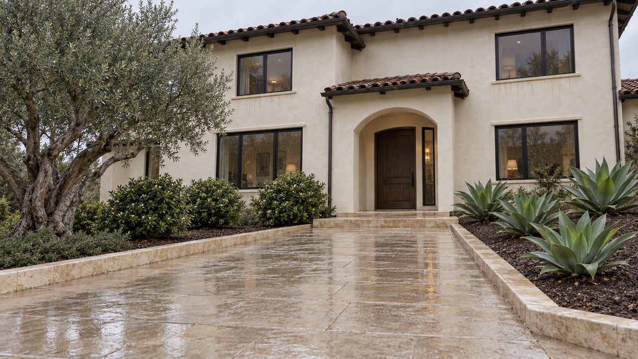 Rain-washed limestone approach leading to an ivory stucco home with terracotta roof tiles, black-framed windows, and an arched oak entrance.