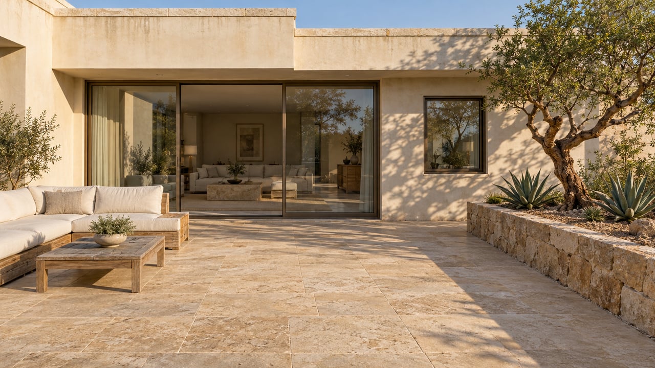 Sunlit limestone terrace beside an ivory stucco home, with a teak sofa and sculptural desert planting in a raised stone bed.