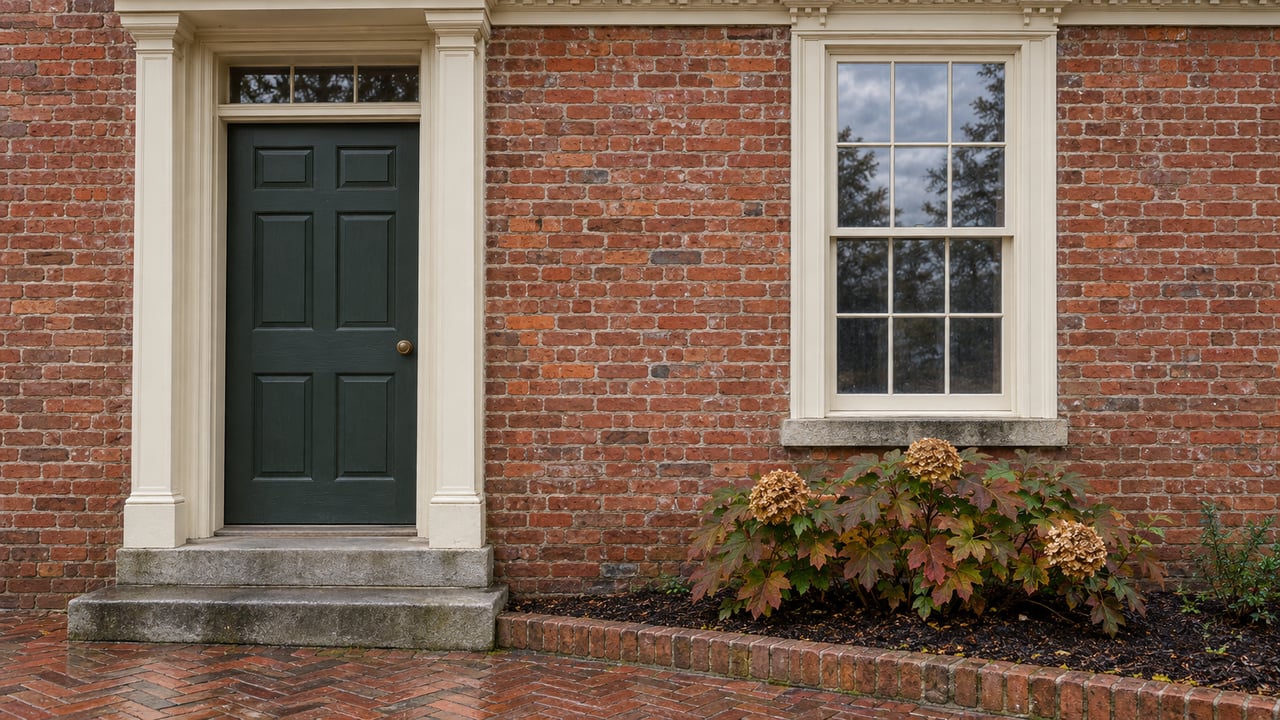 Weathered red-brick townhome entrance with a deep green door, cream sash window, limestone steps and oakleaf hydrangea.