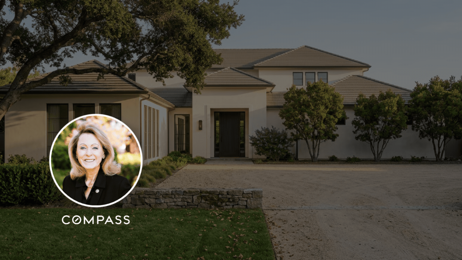 Large stucco home with tiled roofs and a wide driveway, with a portrait and COMPASS wordmark overlaid.