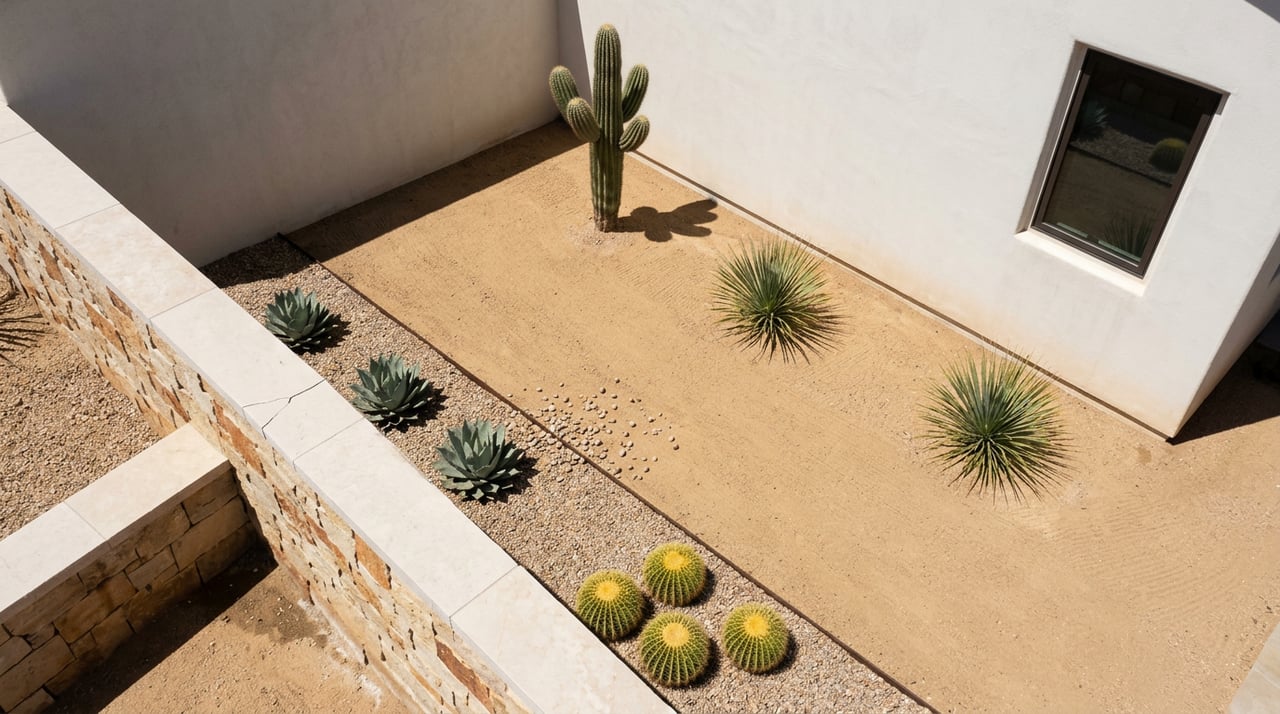 Desert side yard corner with limestone walls, decomposed granite, saguaro, agaves, and golden barrel cacti.
