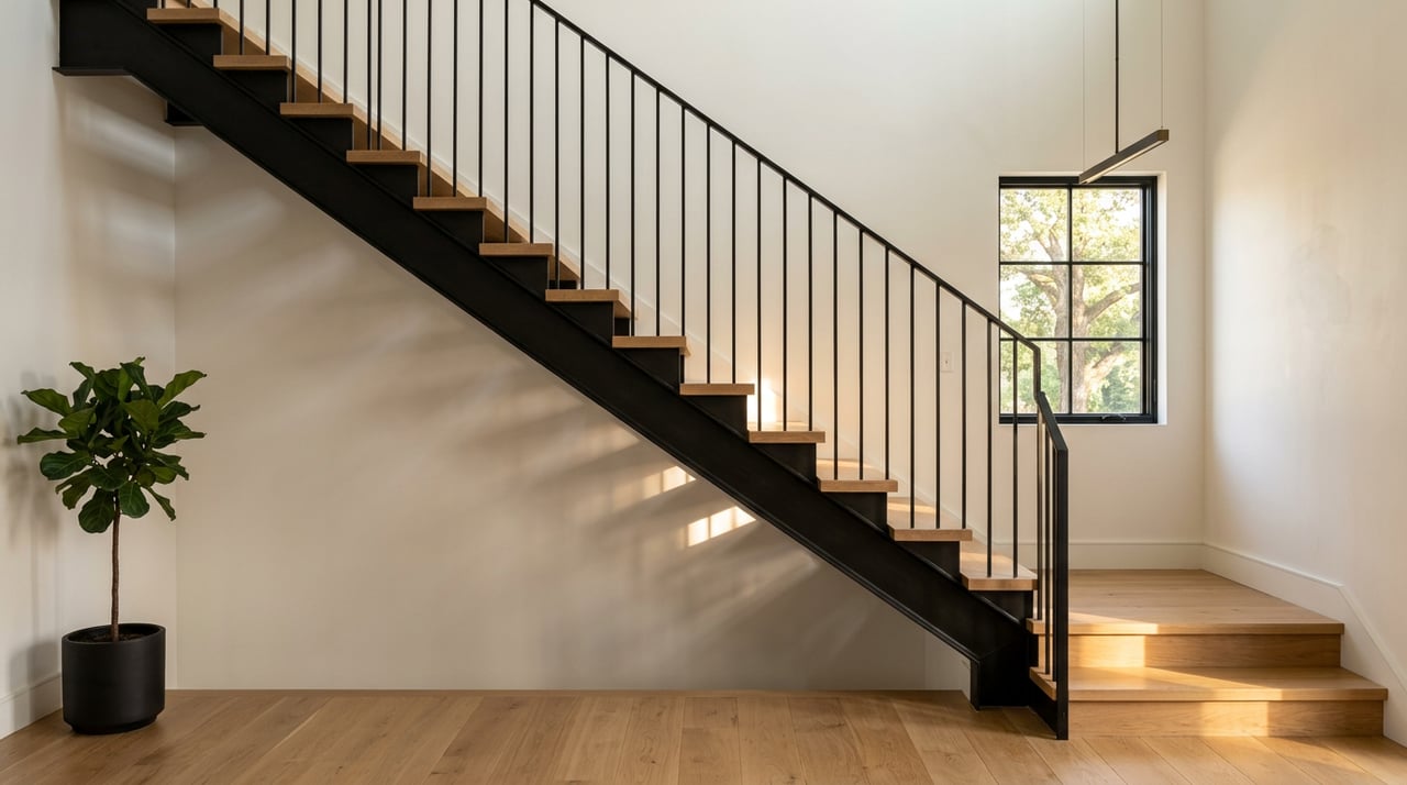 White oak stairs with black steel railing rise toward a landing window backed by a leafy canopy.
