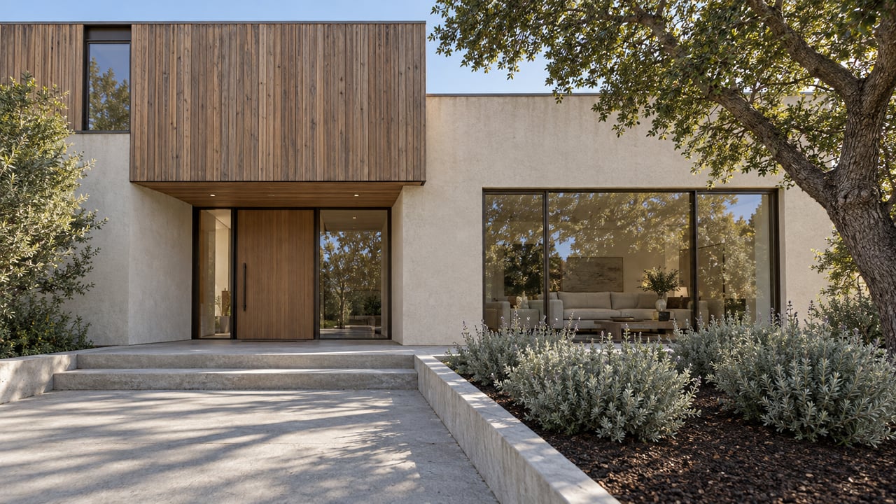 Modern two-story home with cedar cladding, bronze-framed glazing and broad concrete entry steps beside a mature oak.