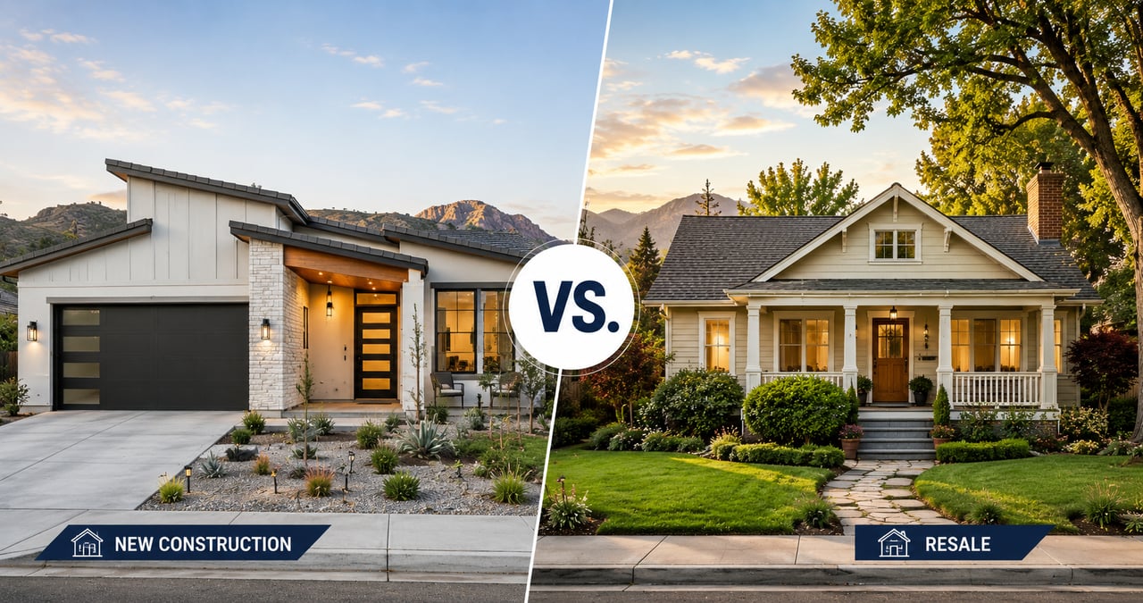 Side-by-side comparison of a new construction home and a resale home with a VS graphic in the center.