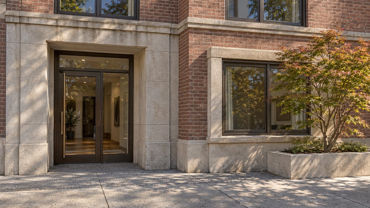 Morning sunlight on a limestone and brick residential entrance with bronze-framed windows and a copper-tinged Japanese maple in a stone planter.