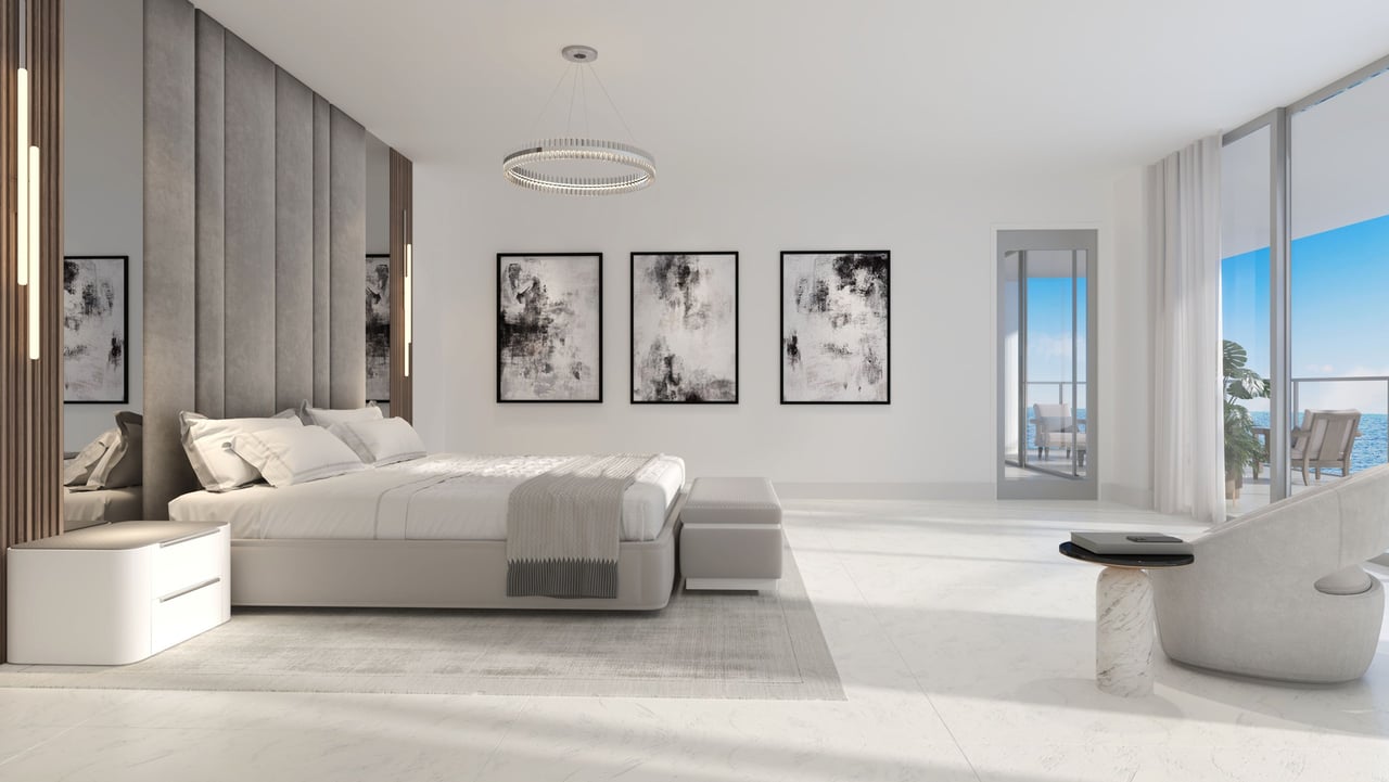 Ocean 580 bedroom rendering with a sitting area and large windows.