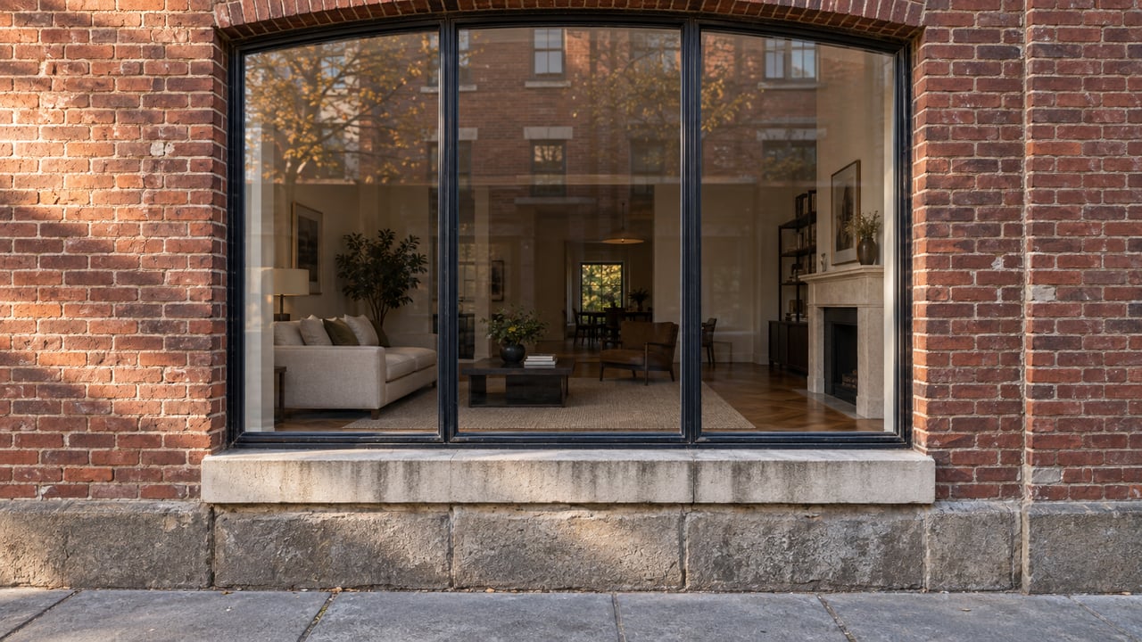 Tall dark-framed residential window recessed into aged red brick, with a weathered limestone sill and a softly visible interior.