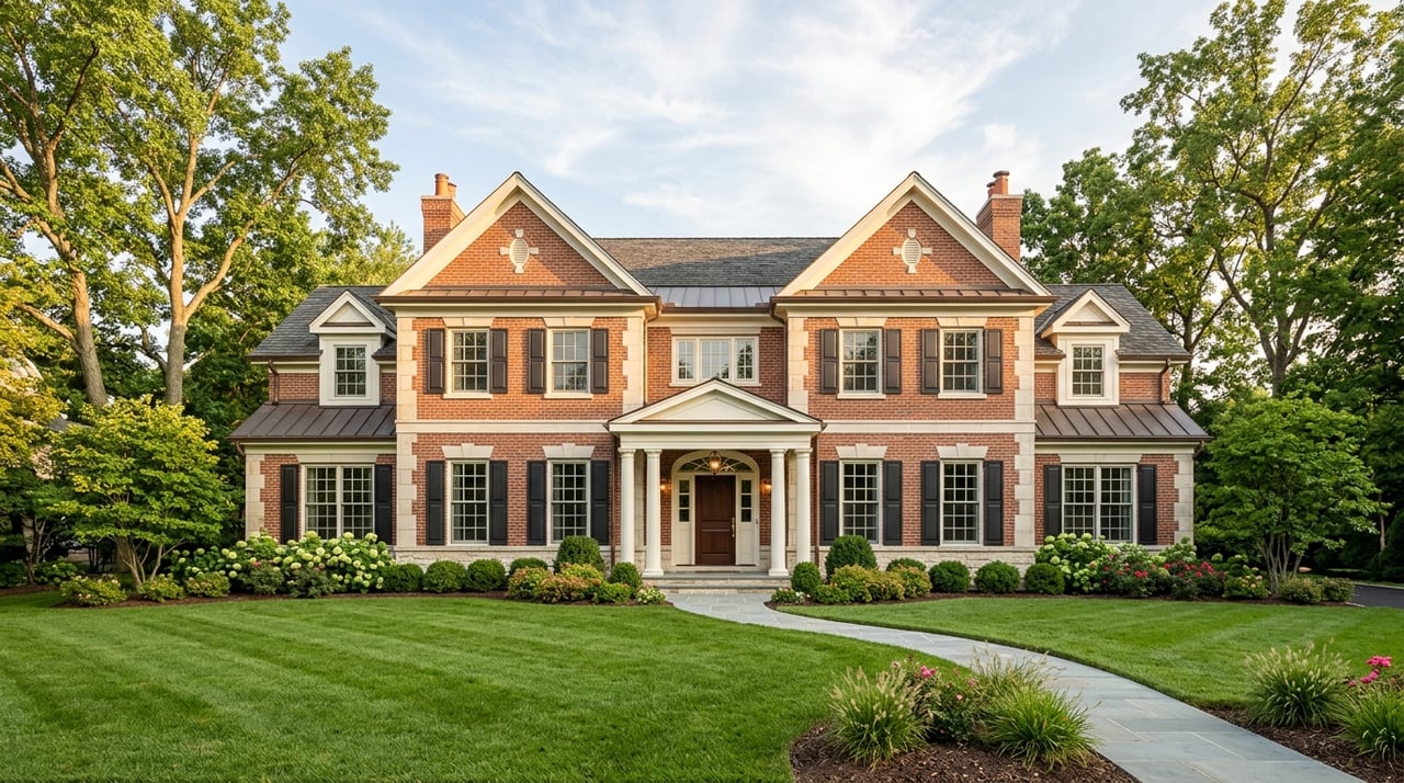 Red brick home with a covered entry, oak door, curved walkway, and landscaped front lawn.