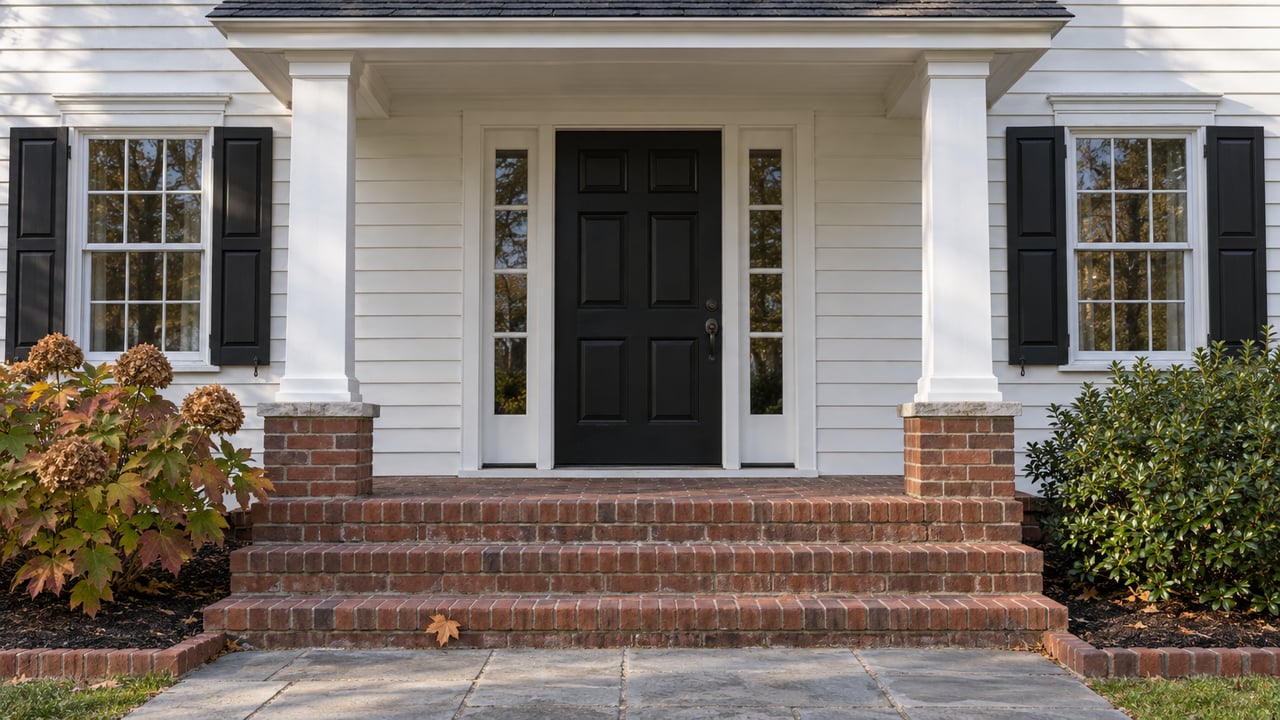 White clapboard home entry with a black door, paired shuttered windows, weathered brick steps and autumn oakleaf hydrangea.