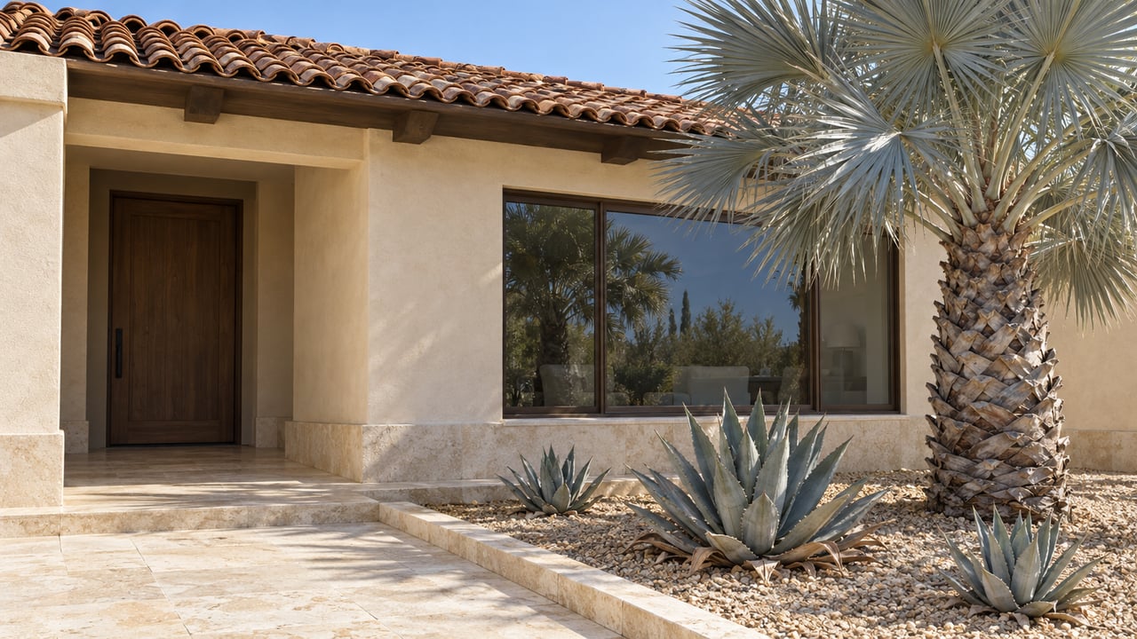 Sunlit ivory stucco home with terracotta roof, a recessed walnut door, limestone approach and silver-blue fan palm in a gravel garden.