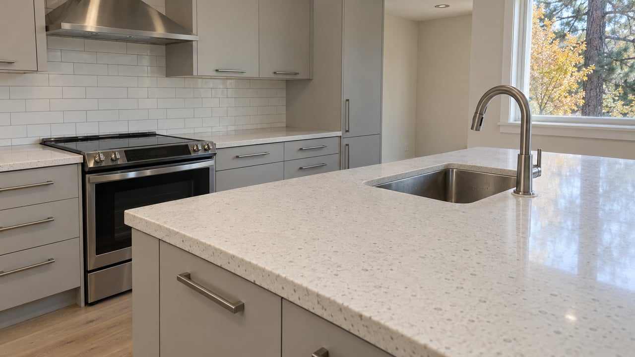 Close view of a pale quartz kitchen island, brushed-metal faucet, gray cabinetry and stainless hood, with autumn foliage beyond a closed window.