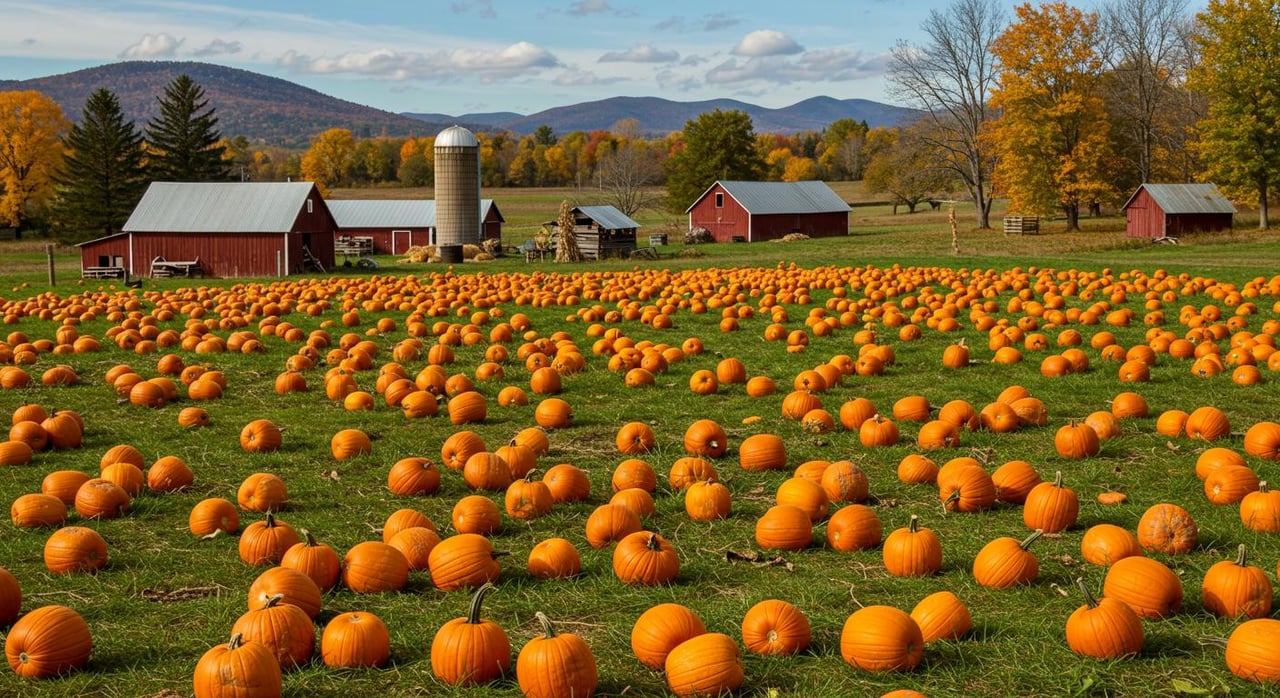 Pumpkin patch with red barns and autumn-colored trees beneath distant hills.