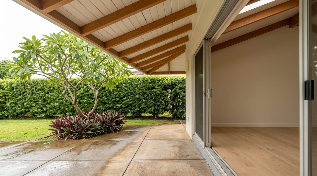Open slider frames a vaulted wood-rafter ceiling, wet pavers, and a plumeria beside the lawn.