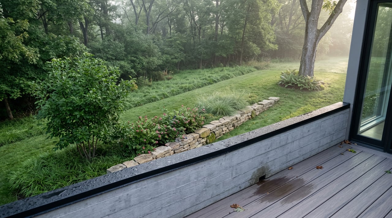Mown path curves through a sloped garden toward woods, viewed over a concrete balcony rail.