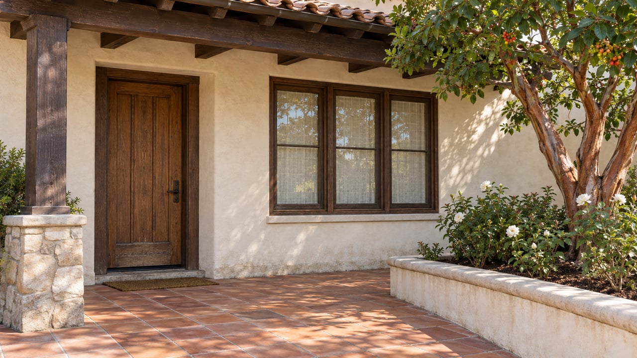 Sunlit stucco home entry with dark timber eaves, terracotta terrace, oak door and a raised planter with a strawberry tree and white roses.