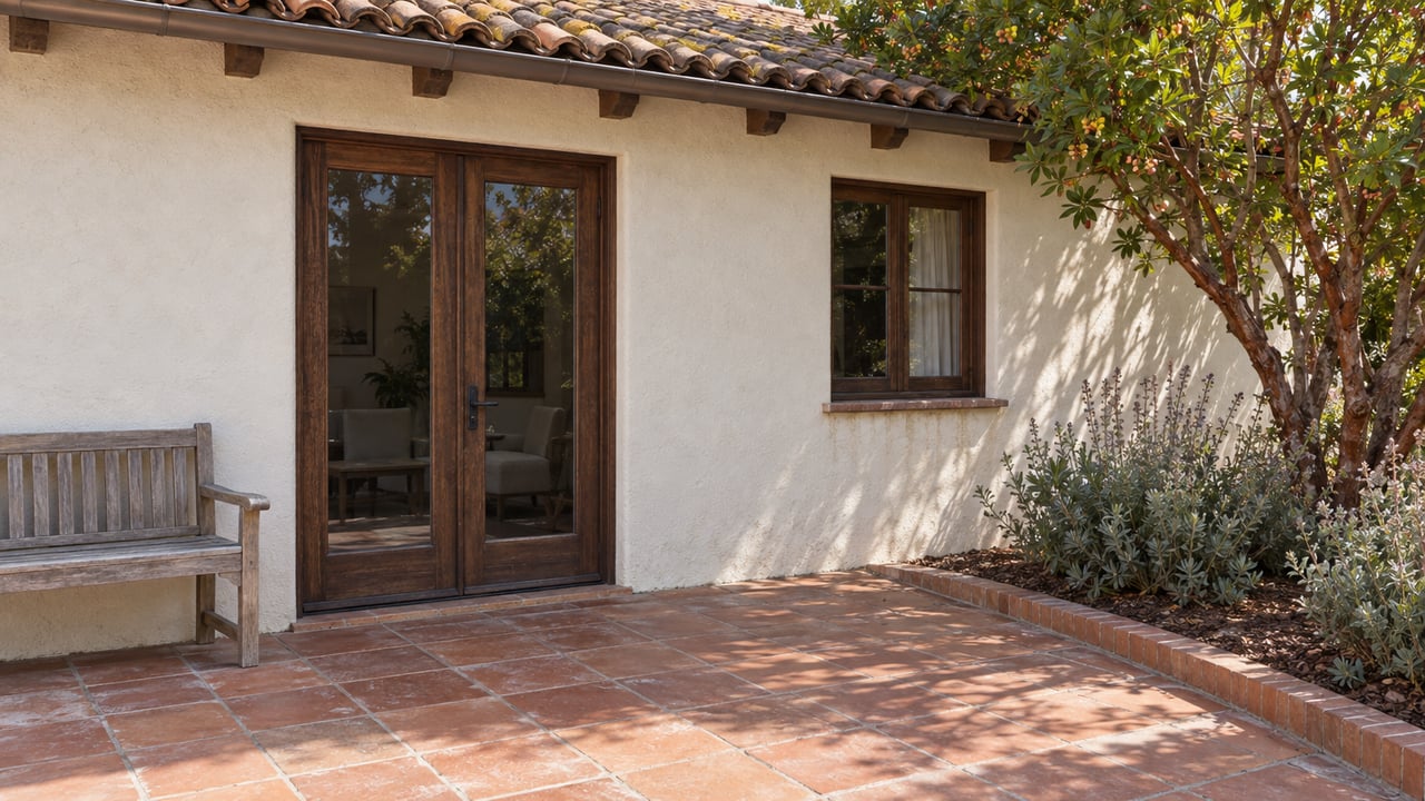 Sunlit stucco bungalow terrace with clay roof tiles, wood-framed glass doors, terracotta paving, and a specimen strawberry tree.