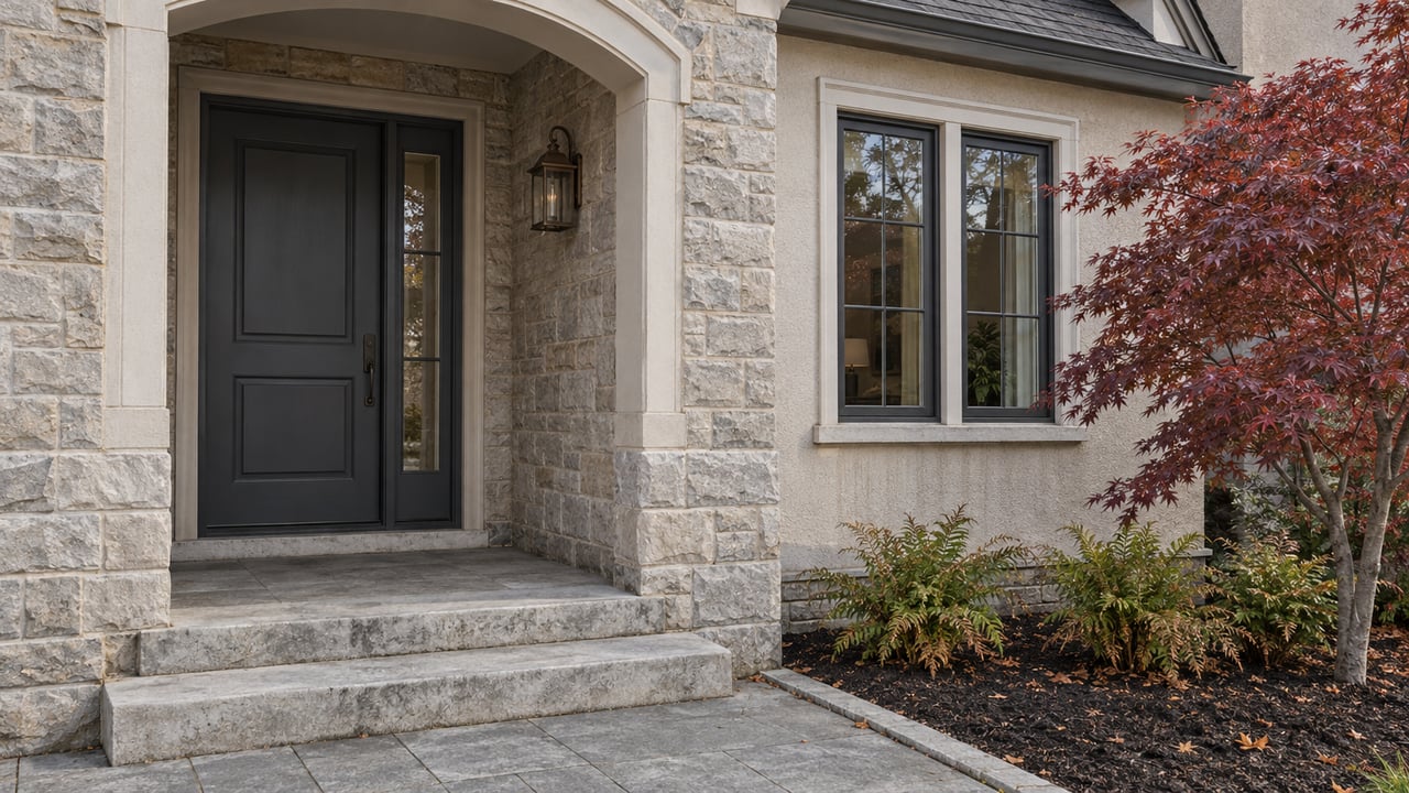 Recessed limestone entry with a charcoal door, pale stucco window bay, broad stone steps and burgundy Japanese maple.