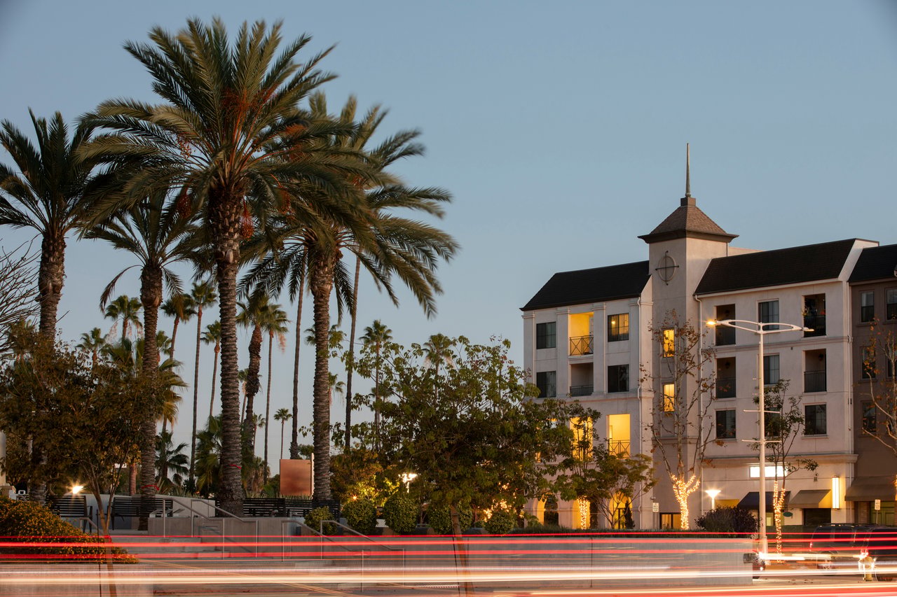 Carson streetscape with palm trees and an illuminated apartment building at dusk.