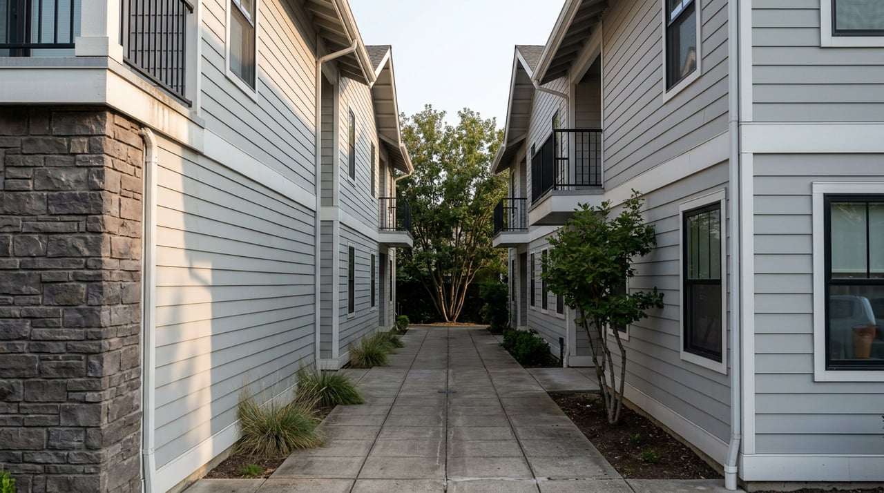 Paved mews between gray-sided apartment blocks with stone-clad corners, small balconies, and a canopy tree at the end.
