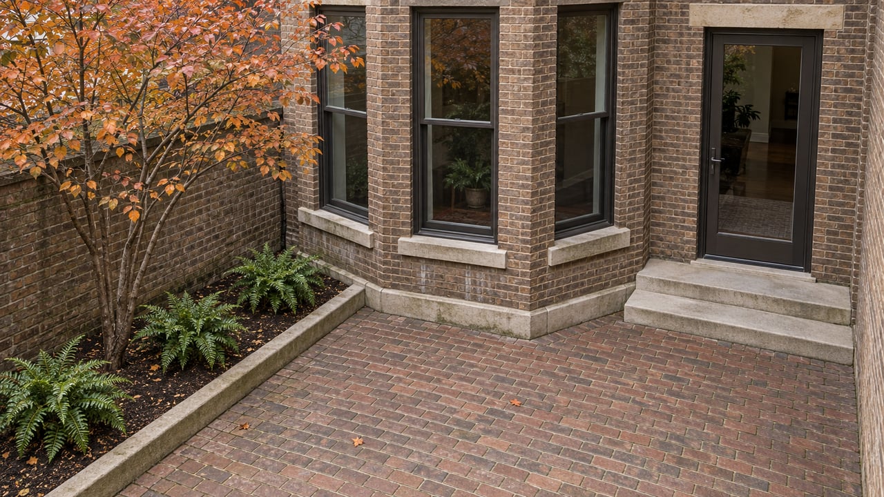 Elevated view of a brick home's rear courtyard, with tall bay windows, limestone steps and a copper-leaved serviceberry tree.