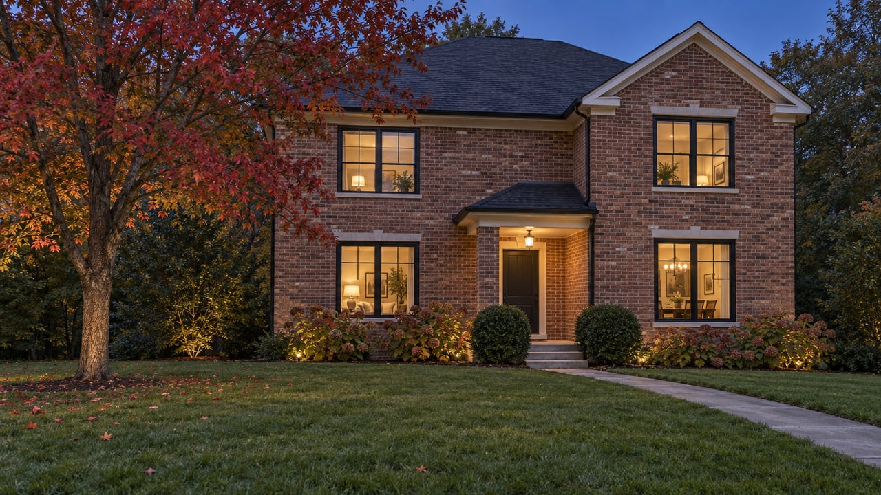 Two-story brick house with warmly lit windows, a concrete path, and a red-leaved tree at blue hour.
