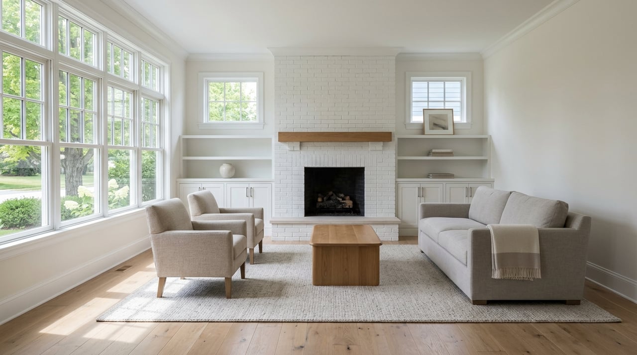 Great room featuring a white oak fireplace wall.