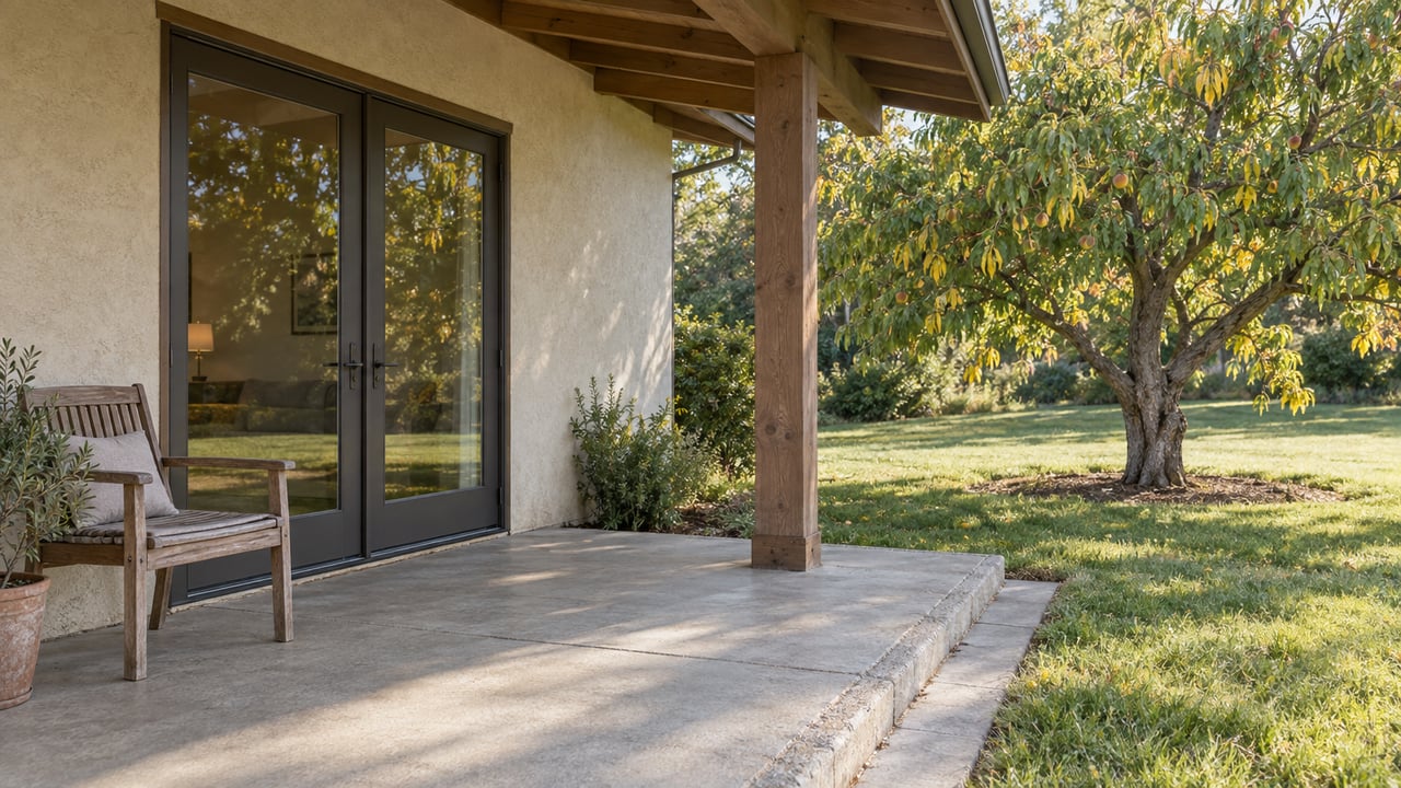 A shaded ranch-home porch with closed glass doors, a weathered wood chair and a mature peach tree beyond the concrete edge.