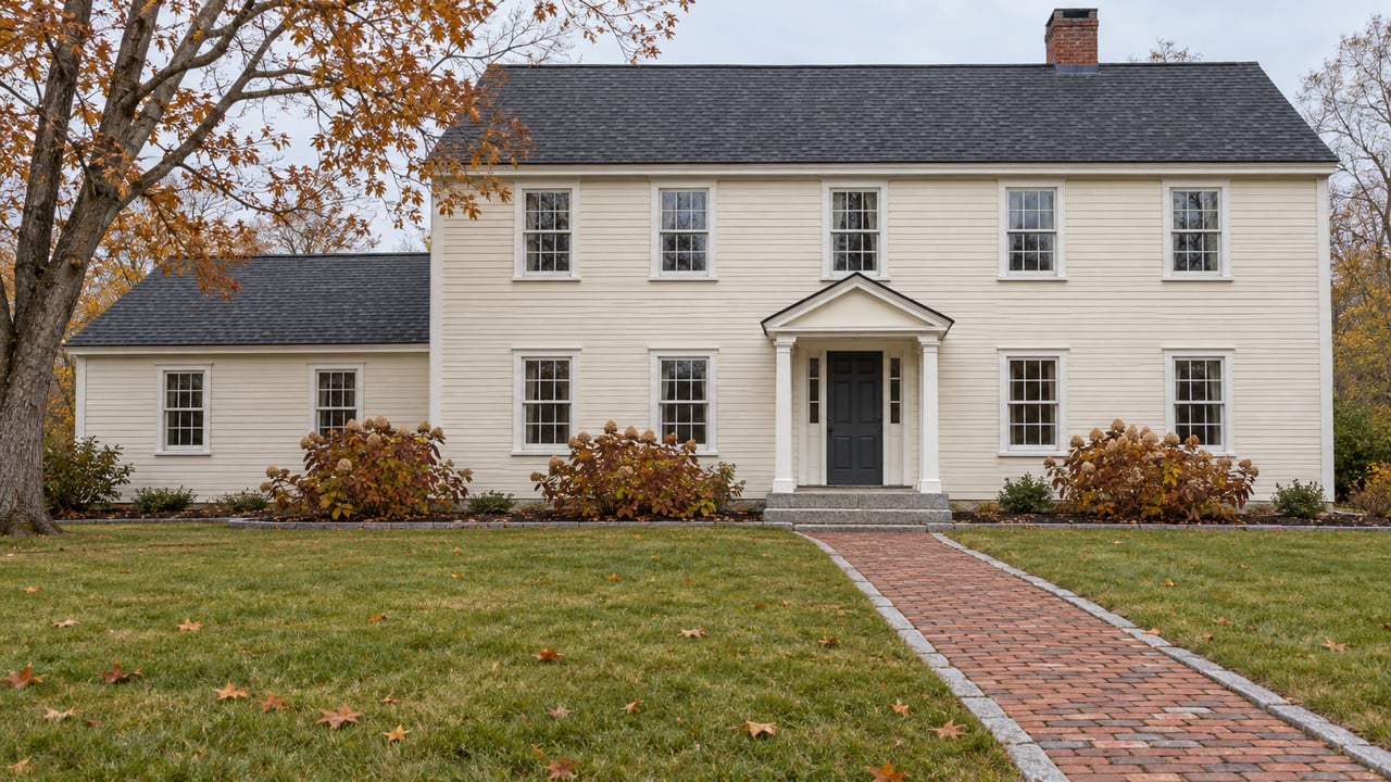 Cream clapboard home with divided-light windows, granite entry steps and a brick walk across a broad autumn lawn beneath a copper-leaved maple.