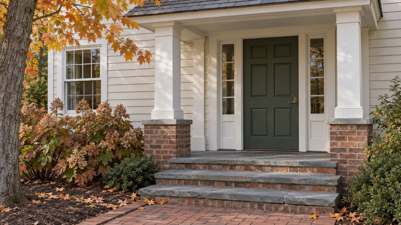 Autumn sunlight on a green front door, cream clapboard, and bluestone steps beside oakleaf hydrangeas.