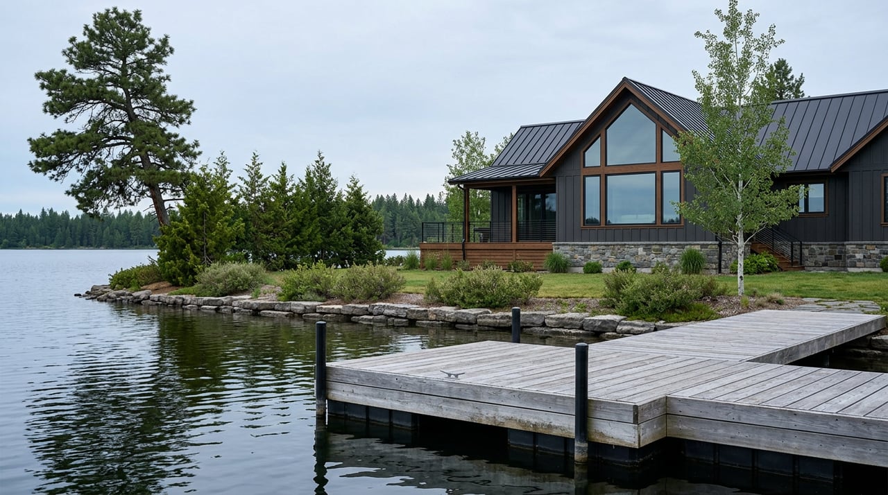Dark-sided lakefront home with a glazed gable, cedar dock, and calm water beneath an overcast sky.