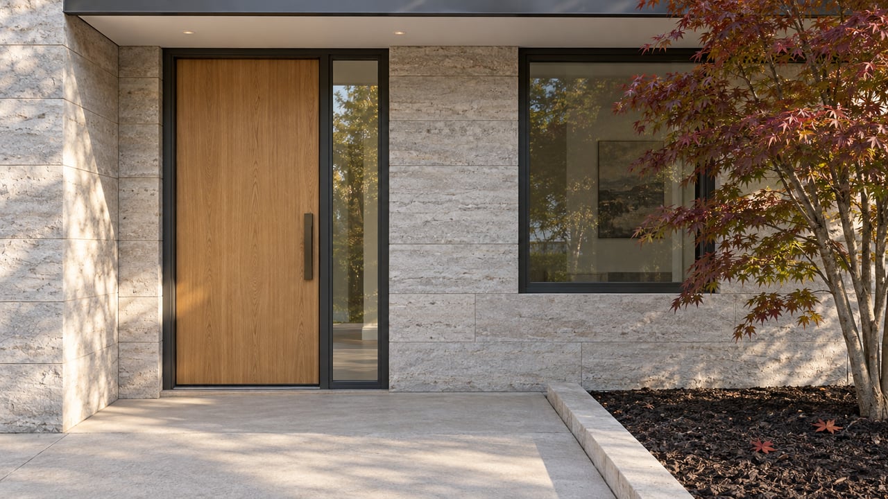 Contemporary home entrance with a sheltered oak door, pale limestone walls, dark-framed glazing and a Japanese maple beside the concrete landing.