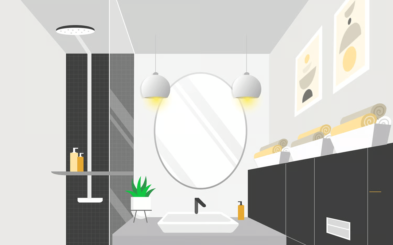 Illustrated modern bathroom with a round mirror, dark tiled shower, and black vanity.