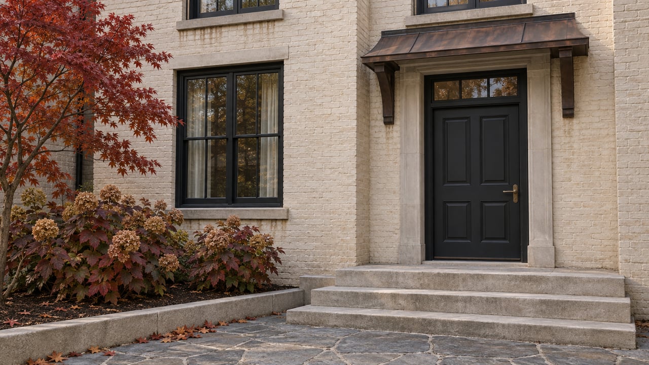 Ivory painted-brick townhome entrance with a charcoal door, limestone steps, copper canopy and red autumn maple leaves.