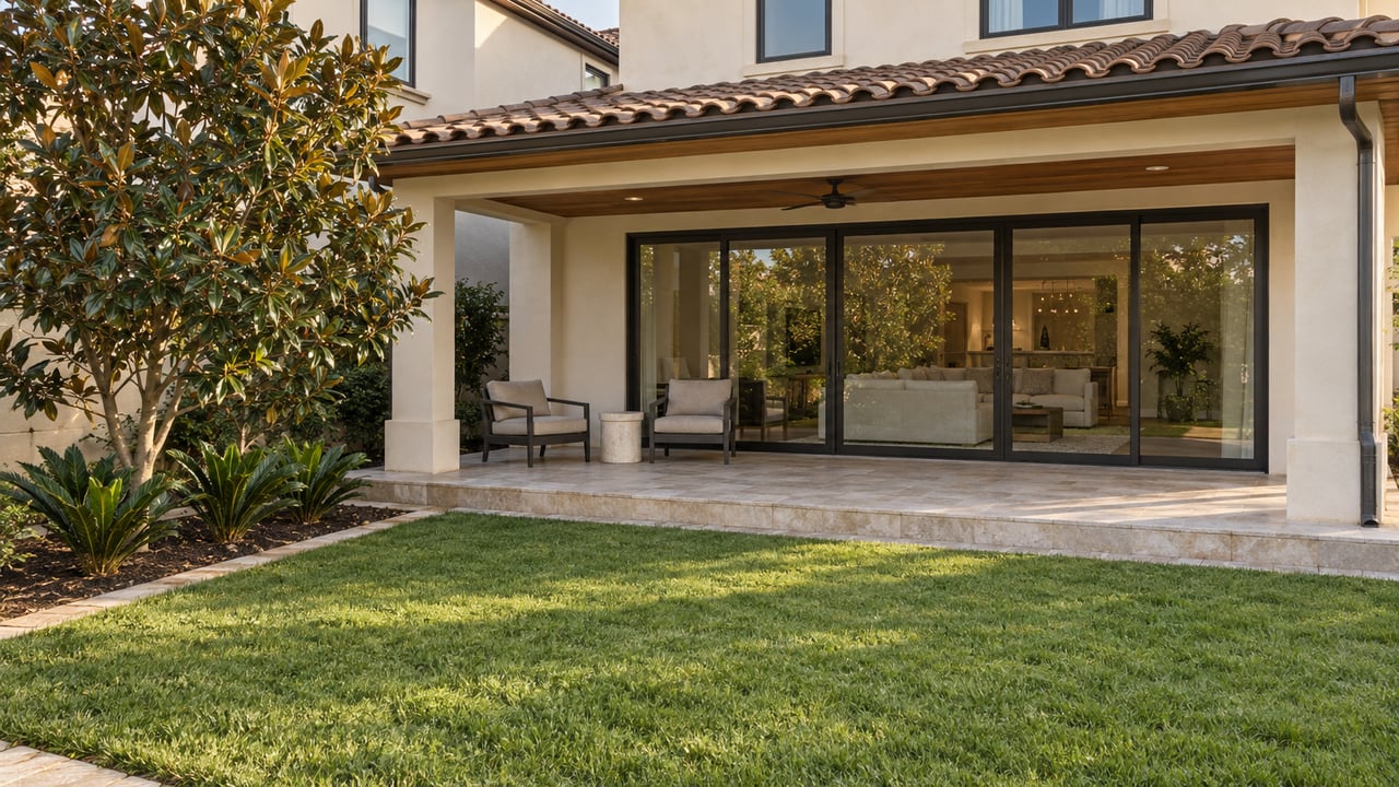 Cream stucco home with brown tiled roofs, a shaded furnished patio, bronze sliding glass doors, and a lawn bordered by a magnolia and coontie plants.
