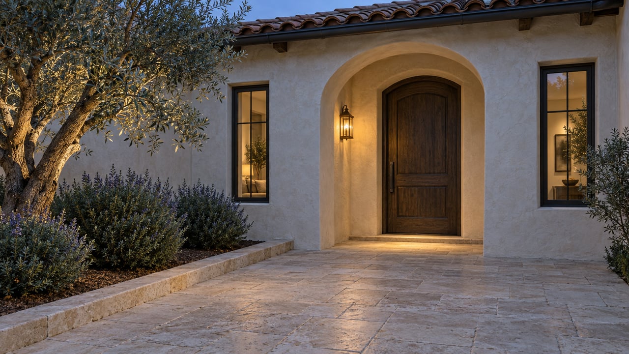 Blue-hour view of an ivory stucco home's arched oak entry, limestone courtyard and sculptural olive tree.