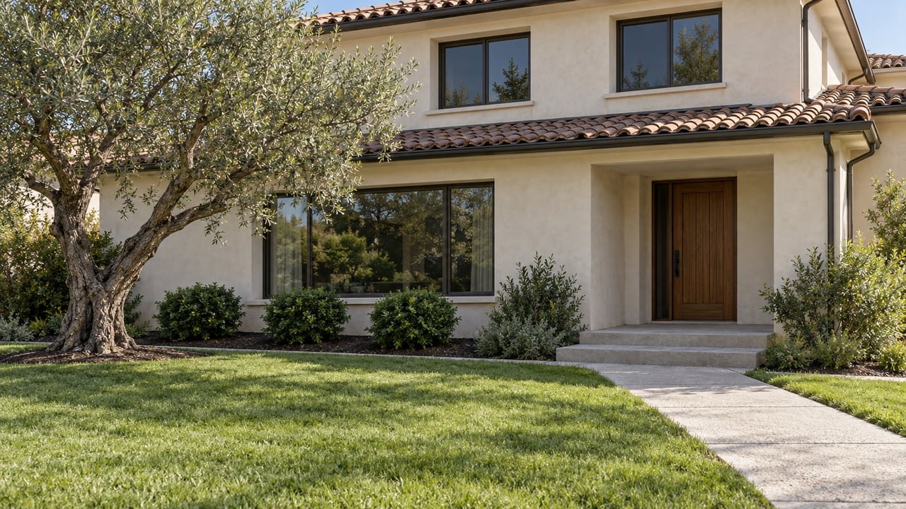 Ivory stucco home with a clay-tile roof, bronze-framed windows, a deep lawn and an olive tree beside the recessed entrance.