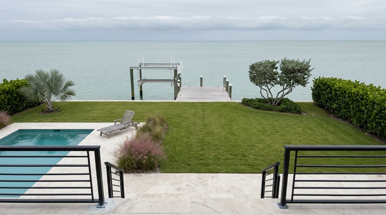 Waterfront estate with a turquoise pool, broad lawn, empty boat lift, and dock extending into open water.