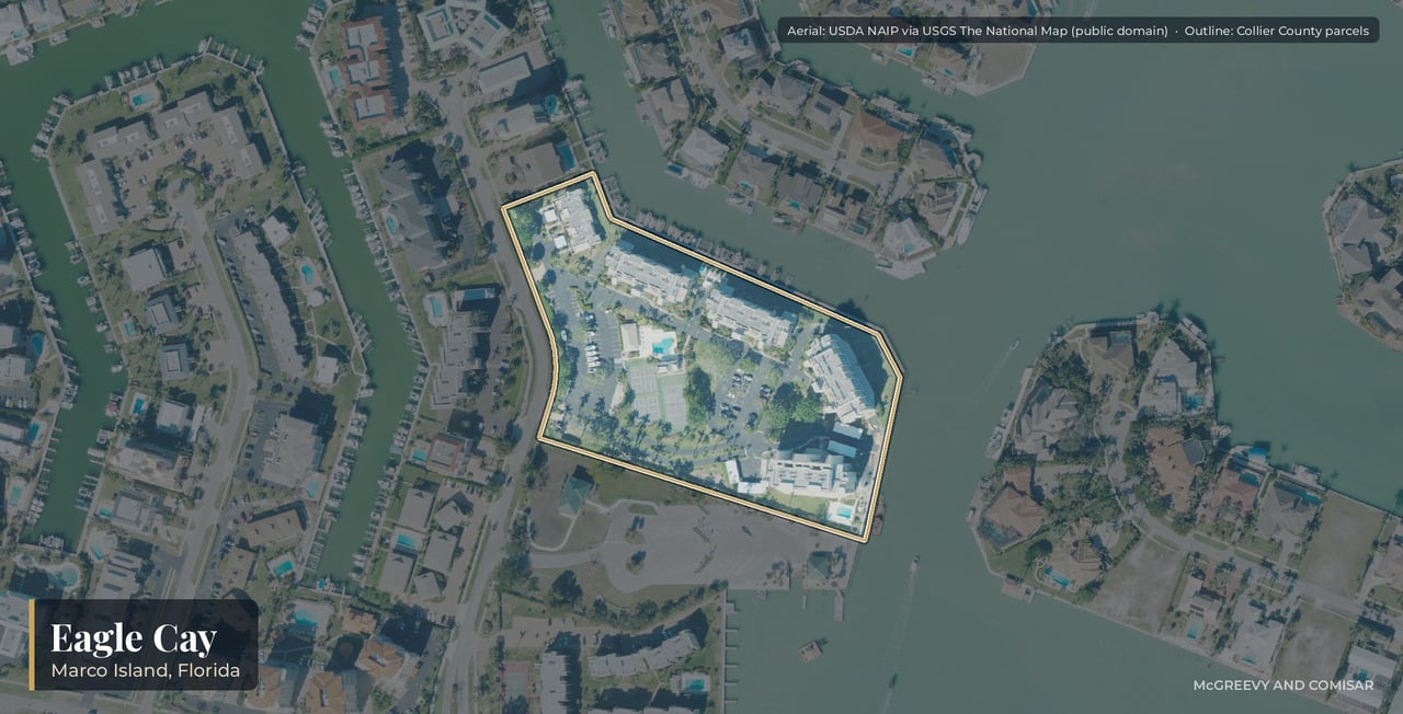 Aerial view of Eagle Cay on Marco Island, Florida, the canal-front condominium buildings on Collier Court beside Caxambas Park
