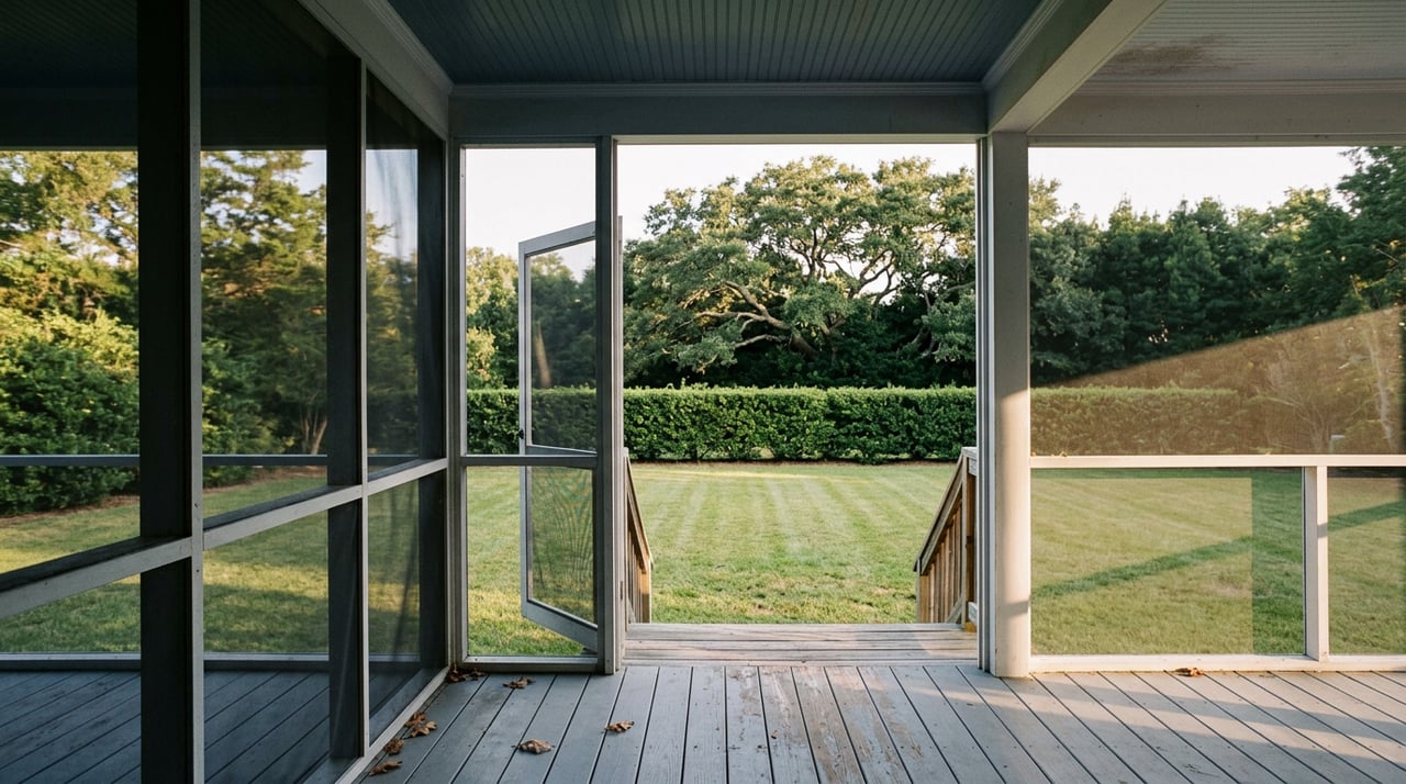 Screened porch threshold overlooking three wooden steps, a clipped hedge, and a tree-lined lawn.