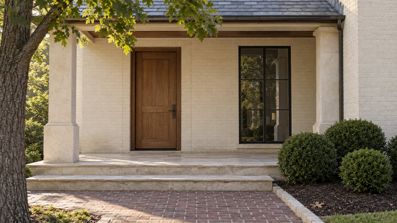 An oak front door beneath a slate porch roof, framed by cream limestone piers, painted brick and clipped boxwood.