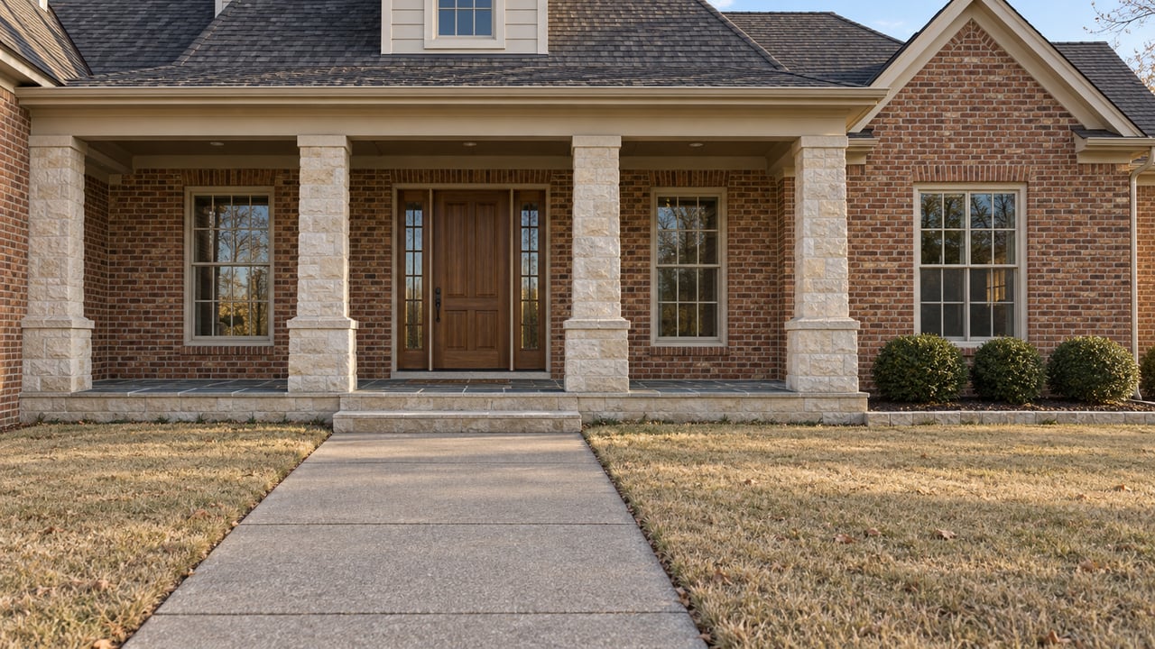 Brick home with a steep gabled roof, limestone porch piers and an oak front door beyond a broad walk and dormant autumn lawn.