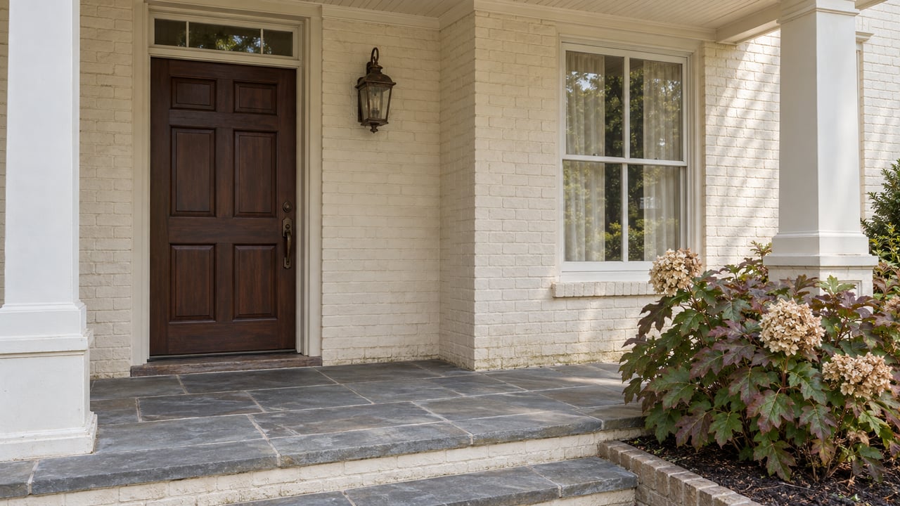 Ivory painted-brick home entrance with a dark wood door, slate porch and oakleaf hydrangea.