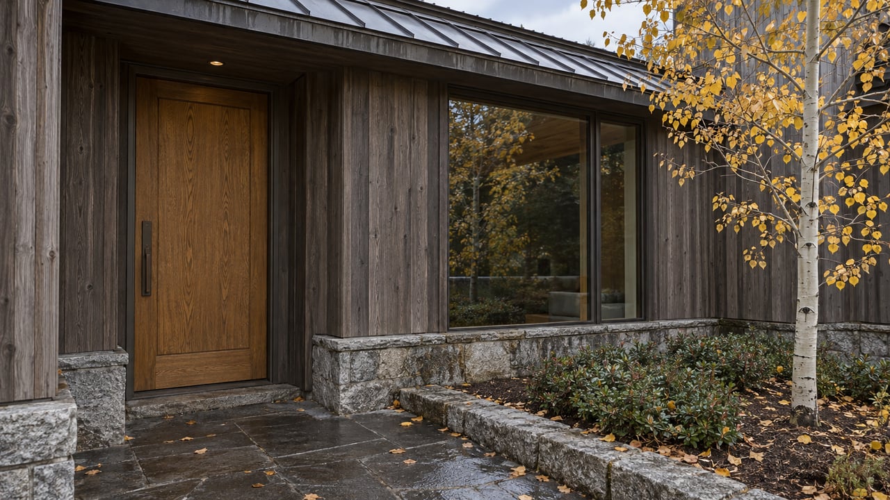 Townhouse entry with a recessed oak door, bronze-framed window, damp flagstone, and yellow aspen leaves.
