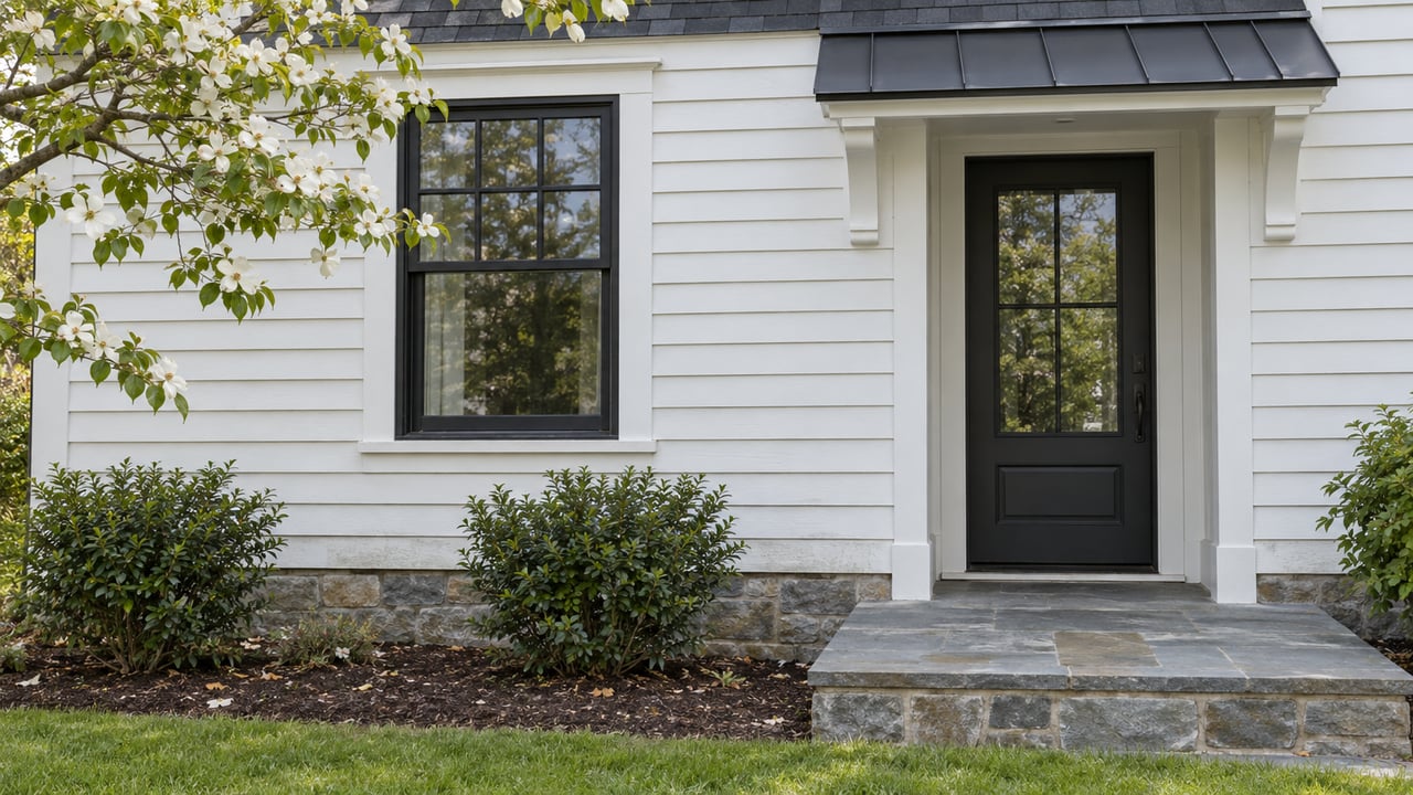 White clapboard house bay with a black sash window, recessed charcoal door, stone foundation, and garden shrubs.