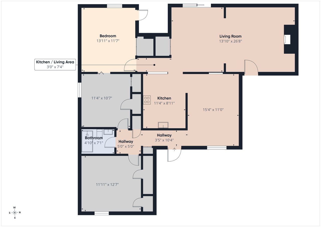 Floor plan showing a bedroom, living room, kitchen, bathroom, and hallways.