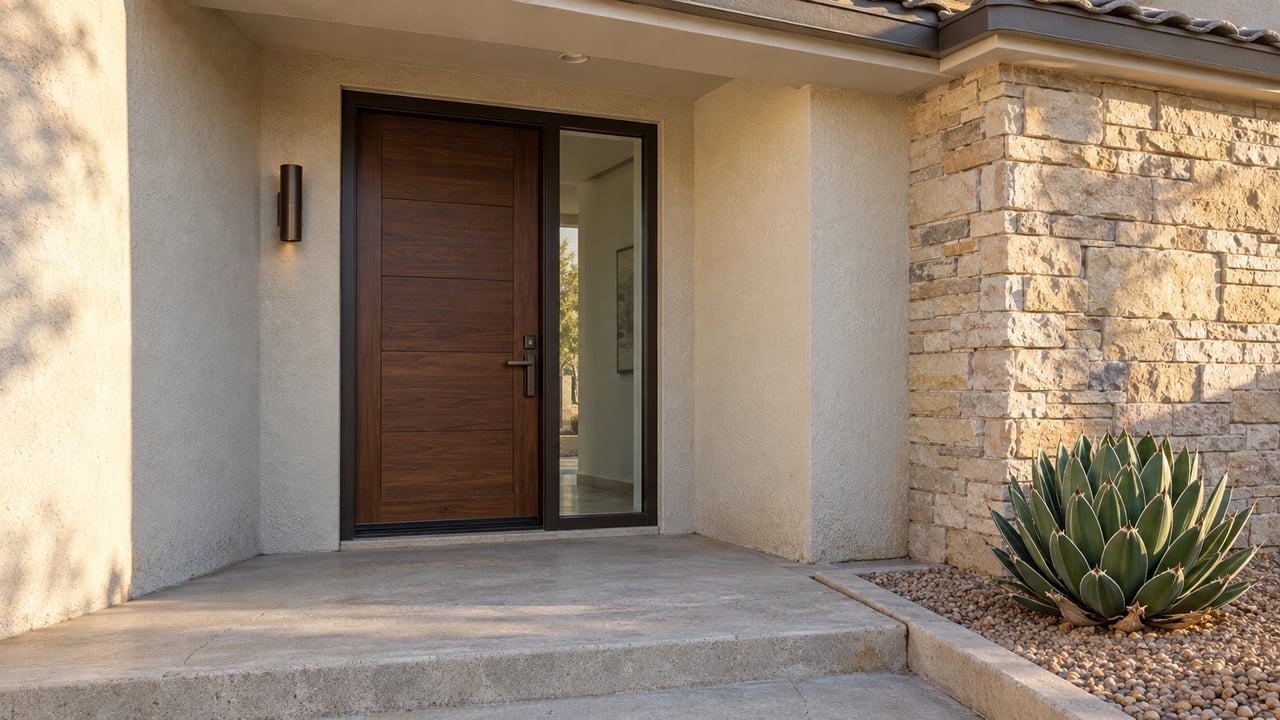 Recessed stucco entry with a walnut-colored door, bronze-framed sidelight, buff limestone pier and a sculptural agave beside a concrete landing.